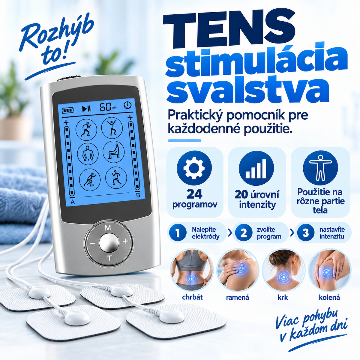 TENS prístroj – 24 programov a 20 úrovní intenzity