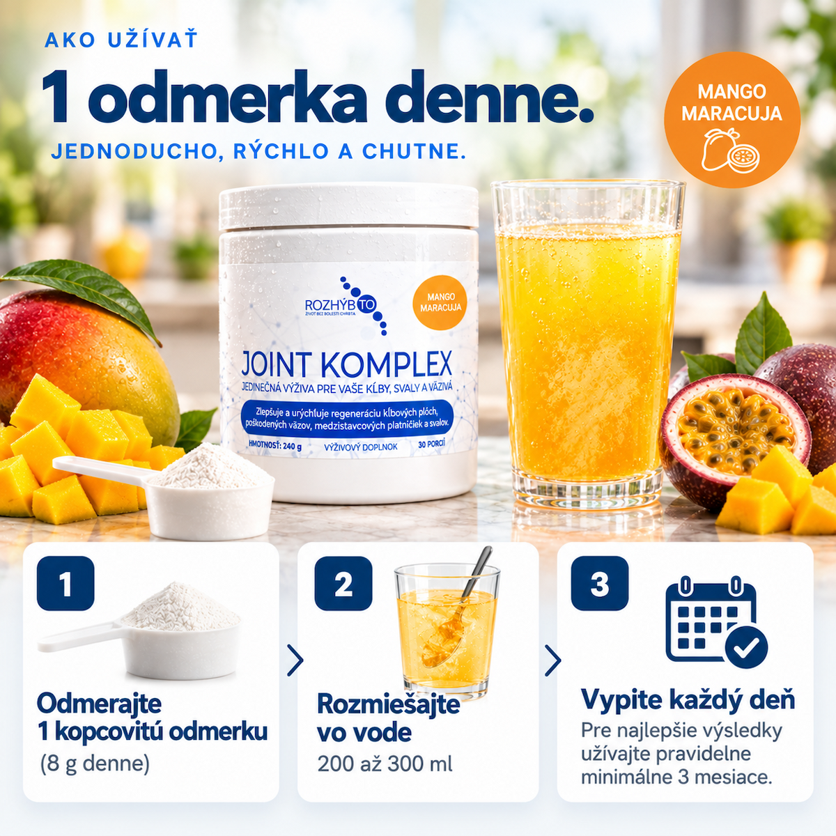 Ako užívať Joint komplex: 1 odmerka (8 g) denne rozmiešajte vo vode a vypite